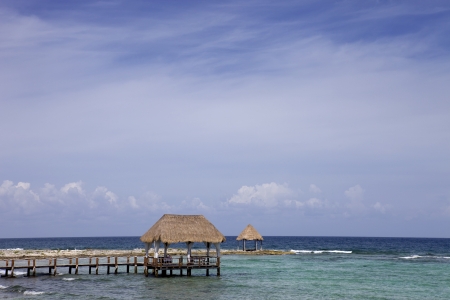 wooden dock at the caribbean sea at Yucatan Peninsula, Mexicoの写真素材