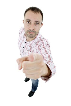 young casuak man full body pointing, isolated on whiteの写真素材