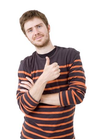 young casual man going thumb up, isolated on whiteの写真素材