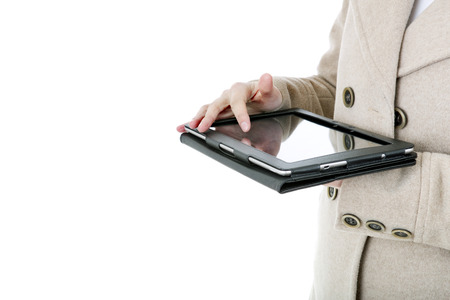 Woman holding a digital tablet, isolated, detail