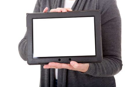 businesswoman showing a tablet pc, isolatedの写真素材