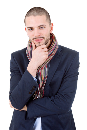 pensive young casual man portrait, isolated on whiteの写真素材