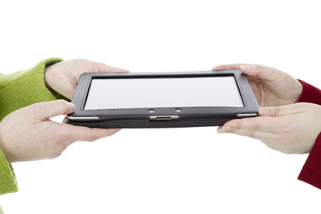 Two women with a digital tablet, isoated, detail