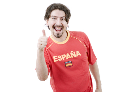 happy spanish man supporter, isolated on whiteの写真素材