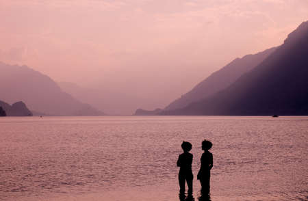 swiss lake at sunset in brienz, Switzerlandの写真素材