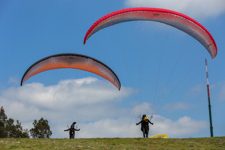 CALDELAS, PORTUGAL - JUNE 4: Paragliding Festival Aboua Cup de Caldelas 2016, in the north of Portugal, 4 June, 2016, Caldelas, Portugal.のeditorial素材