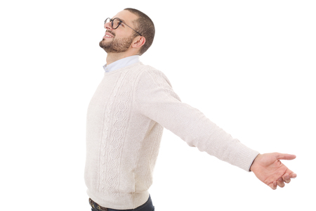 young happy casual man with open arms, isolated on whiteの写真素材