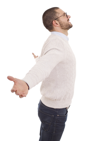 young happy casual man with open arms, isolated on whiteの写真素材