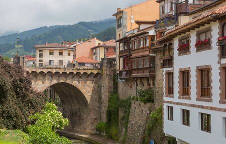 The traditional houses in the ancient Spanish town. Northern Spain, Cantabria.のeditorial素材