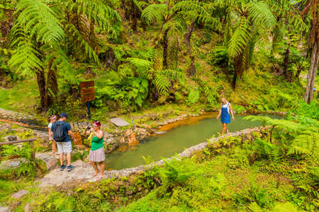 Sao Miguel, Azores island, Portugal: Tourists watching the steam from Hot springs and fumaroles at the edge of Caldeira Velhaのeditorial素材