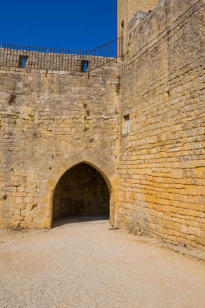 Details of the medieval Chateau de Beynac rising on a limestone cliff above the Dordogne River....