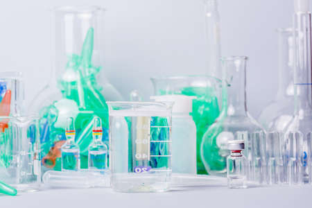 Research lab assorted glassware equipment detailの写真素材