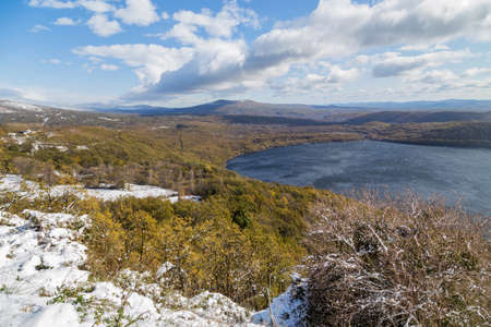 Sanabria lake in winter with snow, Castilla y Leon, Spainの写真素材
