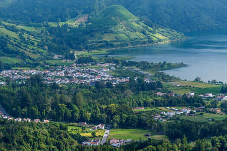 Picturesque view of the Lake of Sete Cidades, a volcanic crater lake on Sao Miguel island, Azores, Portugalの写真素材