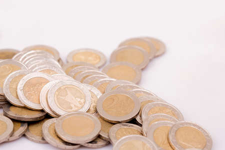Close up top view image of large amount of Euro money coins.の写真素材