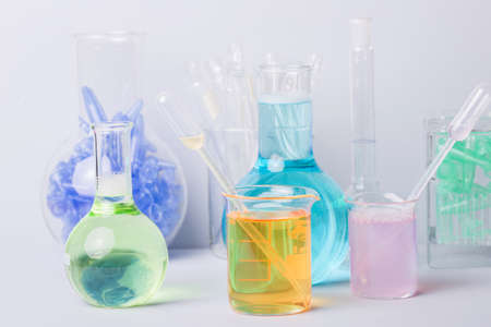 Research lab assorted glassware equipment detail