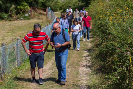 PAREDES DE COURA, PORTUGAL: Group of people hiking in the nature at Paredes de Couraのeditorial素材