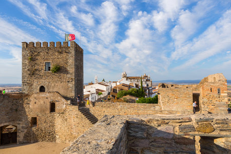 MONSARAZ, PORTUGAL: People visiting the medieval castle and village of Monsaraz. A tourist attraction in the Alentejo, Portugal. From the walls of his castleのeditorial素材