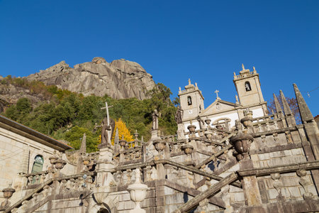 View of the magnificent Steps of the Virtues leading to the church of the Sanctuary of Our Lady in the Peneda Geres National Park North of Portugalの写真素材