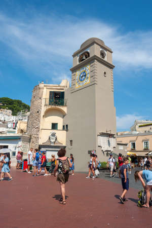 CAPRI, ITALY: Tourists visit Piazza Umberto I, the most famous square of the island of Capri. Italyのeditorial素材