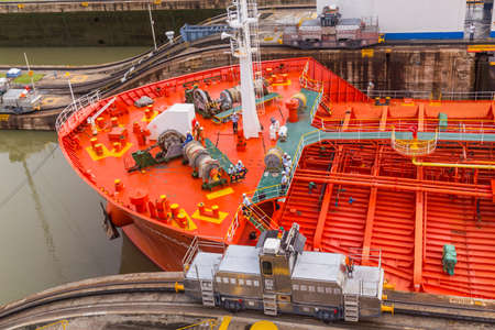 MIRAFLORES, PANAMA: BIG ship is passing through Miraflores Locks, part of Panama Canal.のeditorial素材