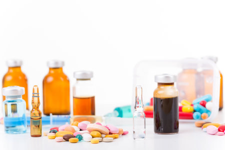 Different types of drugs on white backgroundの写真素材