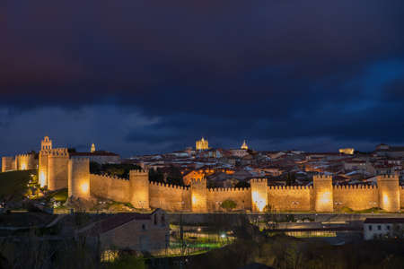 Avila walls at night, Castile and Leon, Spainのeditorial素材