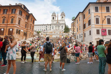 ROME: The Spanish Steps, with tourists, seen from Piazza di Spagna, Rome.The Spanish Steps are the widest staircase in Europe.のeditorial素材