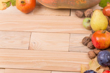 autumn still life, copy space, wooden background, autumn composition from top. Free space for textの写真素材