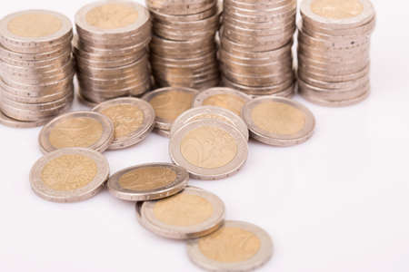 Close up top view image of large amount of Euro money coins.