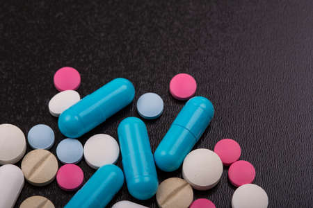 different tablets pills capsule heap mix therapy drugs