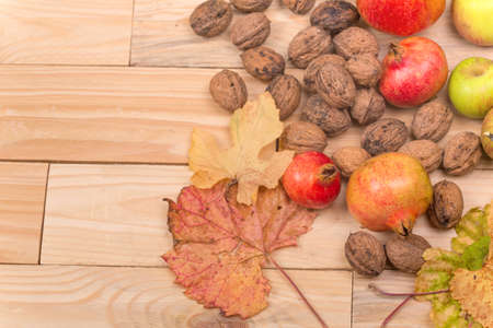 autumn still life, copy space, wooden background, autumn composition from top. Free space for textの写真素材