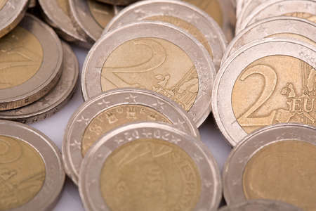 Close up top view image of large amount of Euro money coins.の写真素材