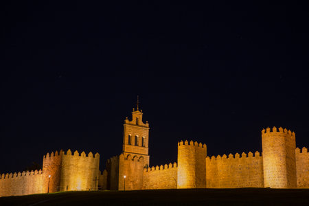 Avila walls at night, Castile and Leon, Spainのeditorial素材