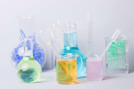 Research lab assorted glassware equipment detailの写真素材