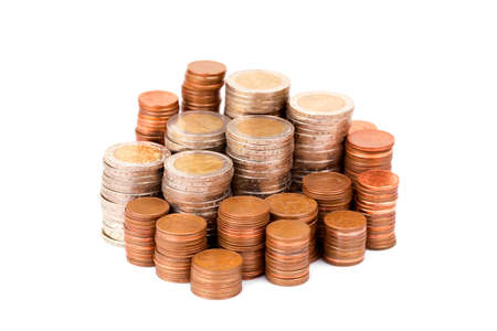 Heap of euro coins isolated on white backgroundの写真素材