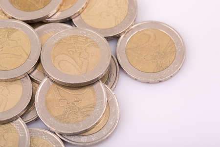 Close up top view image of large amount of Euro money coins.の写真素材