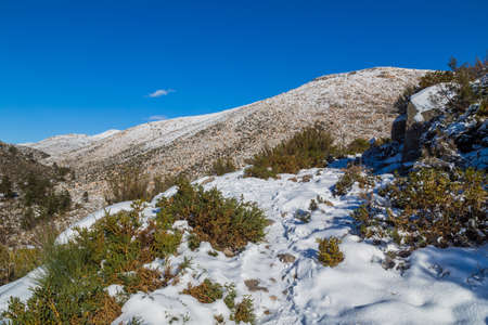 Winter landscape with snow in mountains of Serra do Geres natural park, Portugalの写真素材