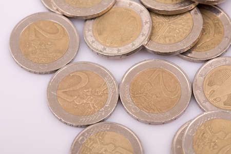 Close up top view image of large amount of Euro money coins.の写真素材