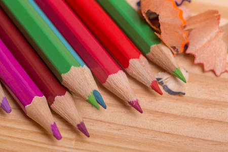 Wooden colorful pencils, on wooden tableの写真素材