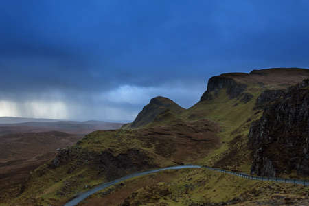 Landscape view of Quiraing mountains on Isle of Skye, Scottish highlands, Scotland, United Kingdomの写真素材