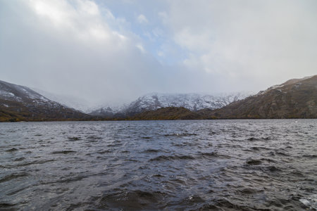 Sanabria lake in winter with snow, Castilla y Leon, Spainの写真素材