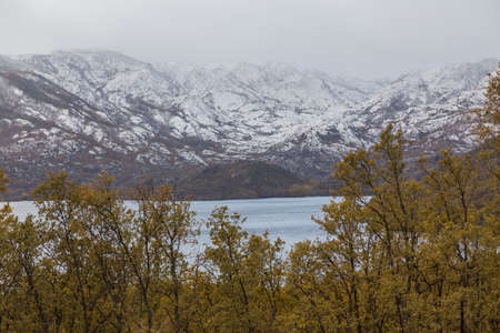 Sanabria lake in winter with snow, Castilla y Leon, Spainの写真素材