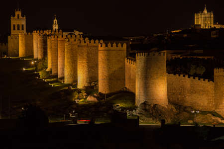 Avila walls at night, Castile and Leon, Spainのeditorial素材