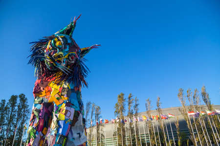 LISBON, PORTUGAL: Iberian Lynx statue in Lisbon, Portugal. It is located at the Park of the Nations (Parque das NaÃ§Ãµes) and it is made from recycled waste materialsのeditorial素材