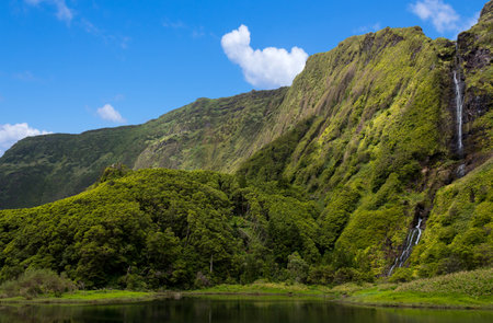 Azores landscape with waterfalls and cliffs in Flores island. Portugal.の写真素材