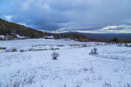 small village outside Puebla de Sanabria covered with snow, Sanabria, Castilla y Leon, Spainの写真素材