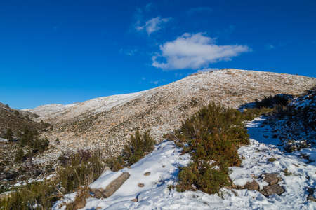 Winter landscape with snow in mountains of Serra do Geres natural park, Portugalの写真素材