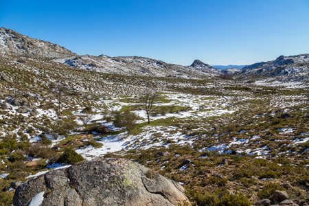 Winter landscape with snow in mountains of Serra do Xures natural park, Galicia, Spain