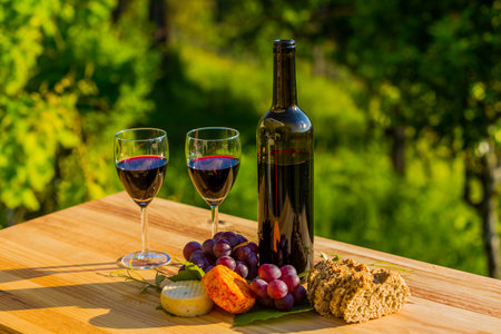 wine bottle, grapes, cheese and bread, on wooden table, outdoorの写真素材